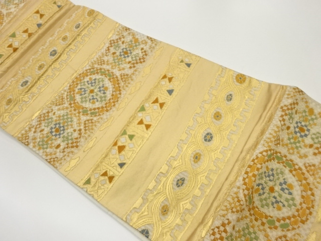 横段・丸に花々模様刺繍袋帯